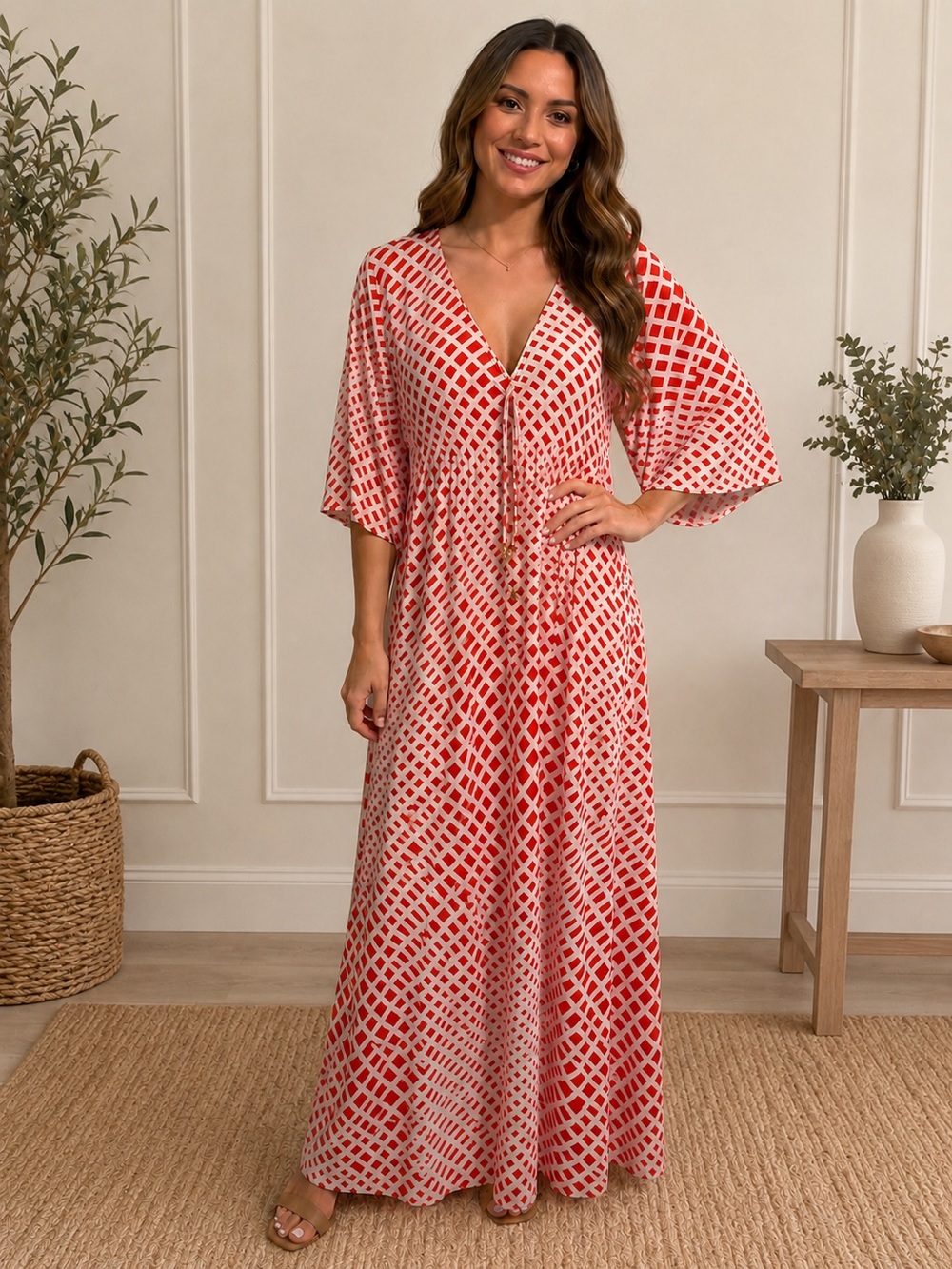 Red Geo-Print V-Neck Maxi Dress with Tie Waist